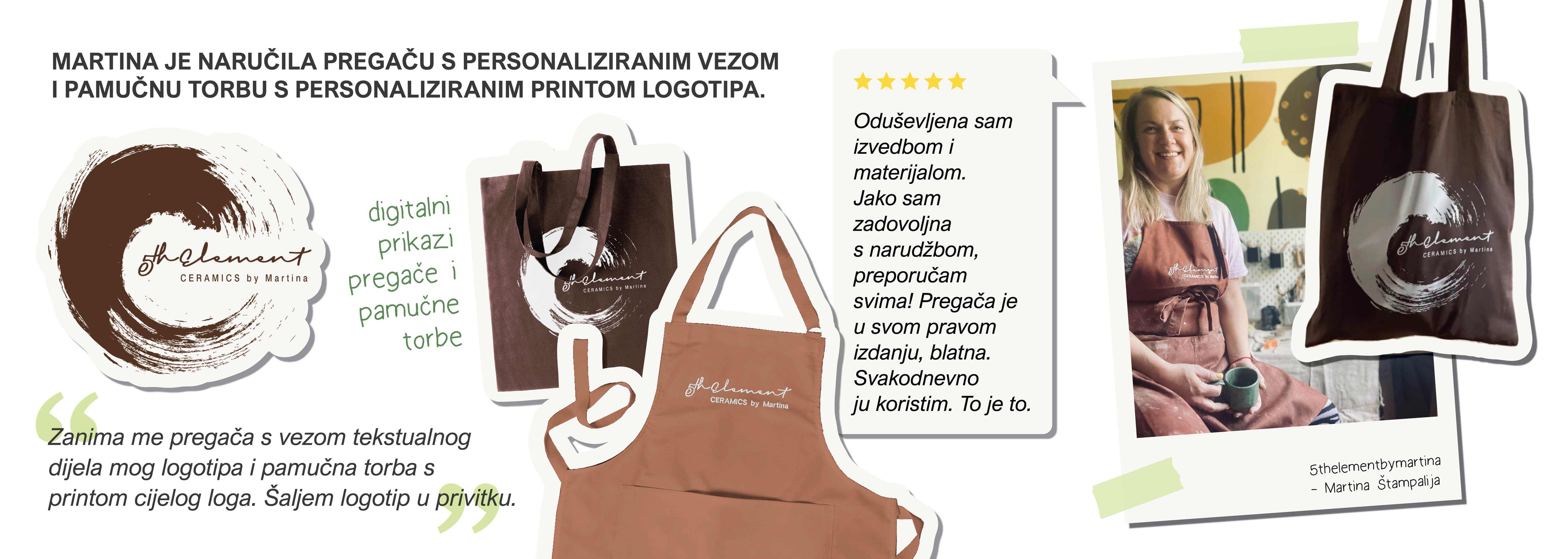 Martinina narudžba pamučnog cekera s printom i pregače s vezom njezinog logotipa
