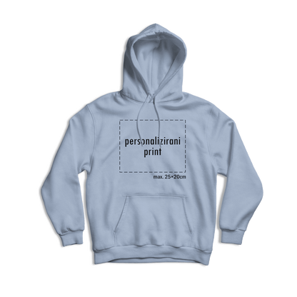 svijetlo plava hudica s personaliziranim printom fotografije, natpisa ili ilustracije